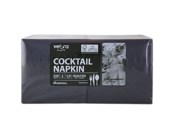 Veora Everyday Black Cocktail Napkin - 2-Ply | 1/4 Fold | 250 sheets | 8 packs / ctn