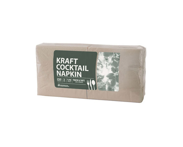 Veora Everyday Kraft Cocktail Napkin - 2-Ply | 1/4 Fold | 250 sheets | 8 packs / ctn