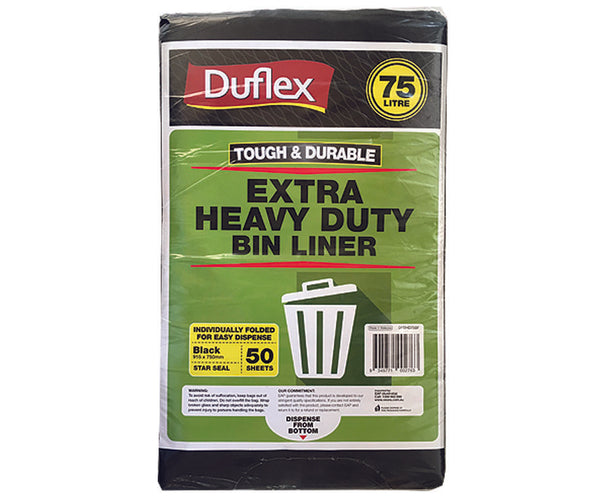 Duflex Extra Heavy Duty Bin Liner 75L - Black | 50 Sheets | 4 Packs / Ctn